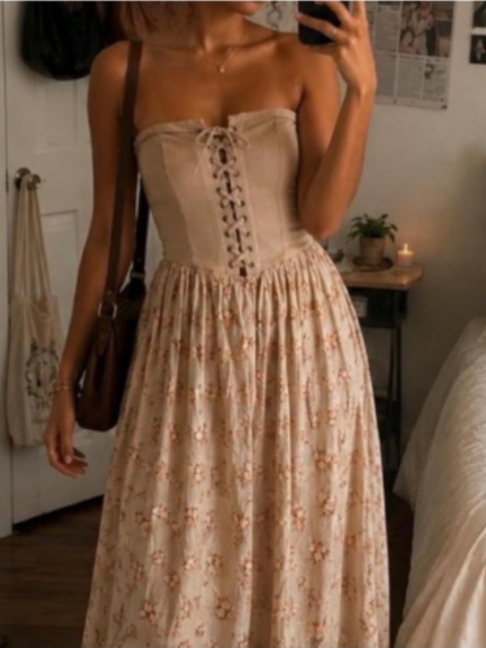 Ecote Strapless Lace-Up Floral Corset Maxi Dress in Beige